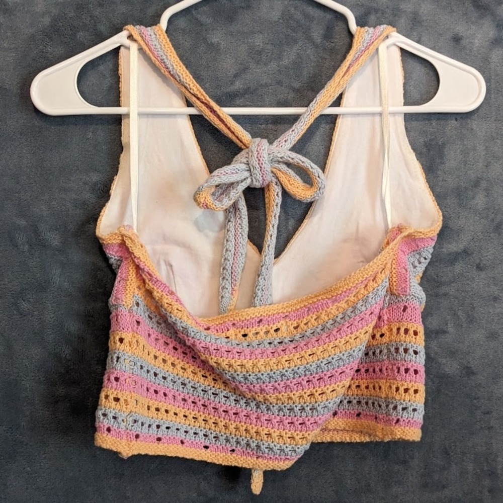 Hollister Crochet Knit Crop Top Pastel Stripe Tie Back Halter Boho Womens Small - Picture 3 of 10